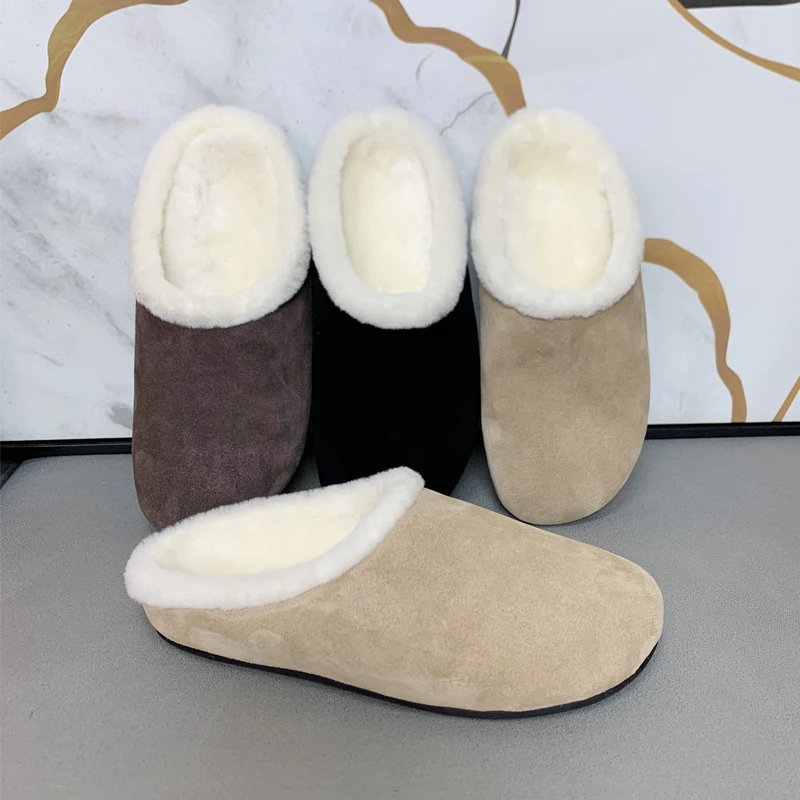 冬季简约时尚羊毛拖鞋舒适百搭厚底加绒平底保暖休闲软底毛毛鞋