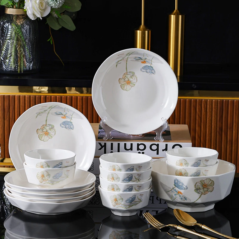 爱莲说15件套新骨瓷中式简约餐具套装釉下彩碗碟盘乔迁家用可微波