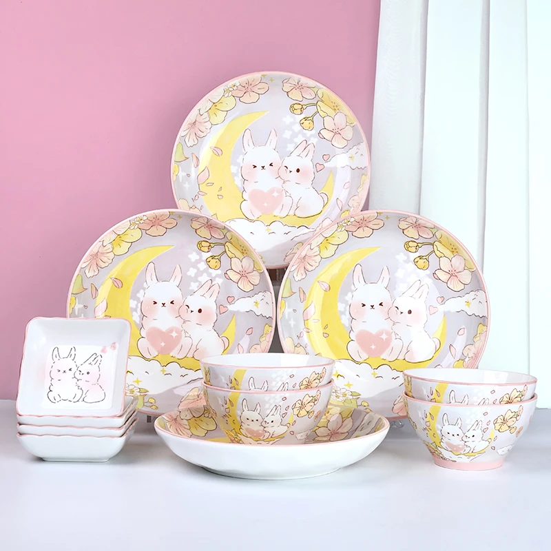孟垣月光兔系列12件套家用高颜值釉下彩可爱饭盘