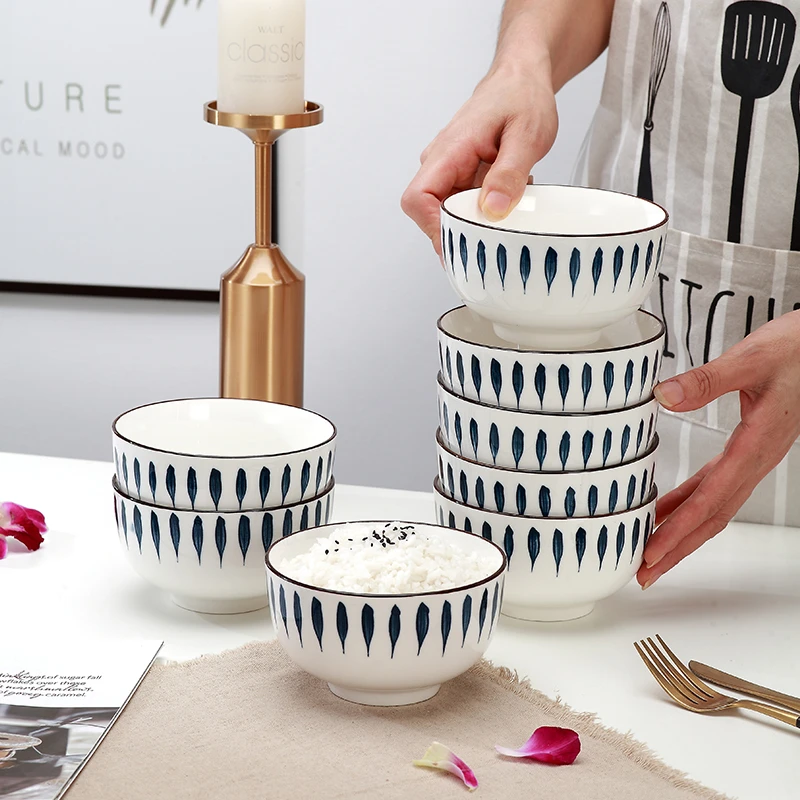 孟垣千叶草4/8/10个装4.5英寸家用创意简约釉下彩陶瓷米饭碗网红