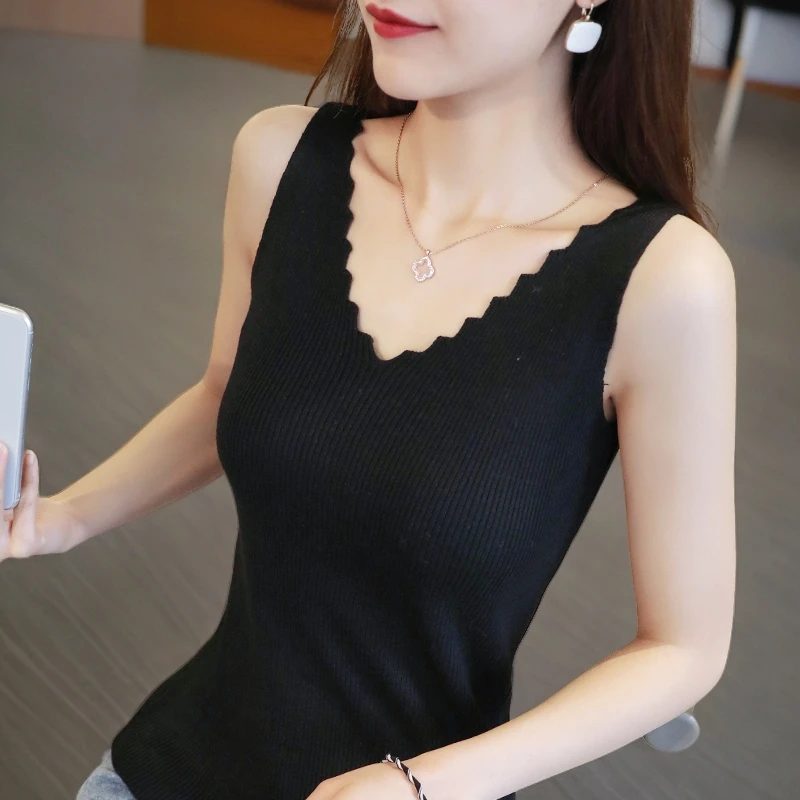 2024新款针织打底百搭时尚背心薄款吊带镂空纯色洋气MM女款女背心