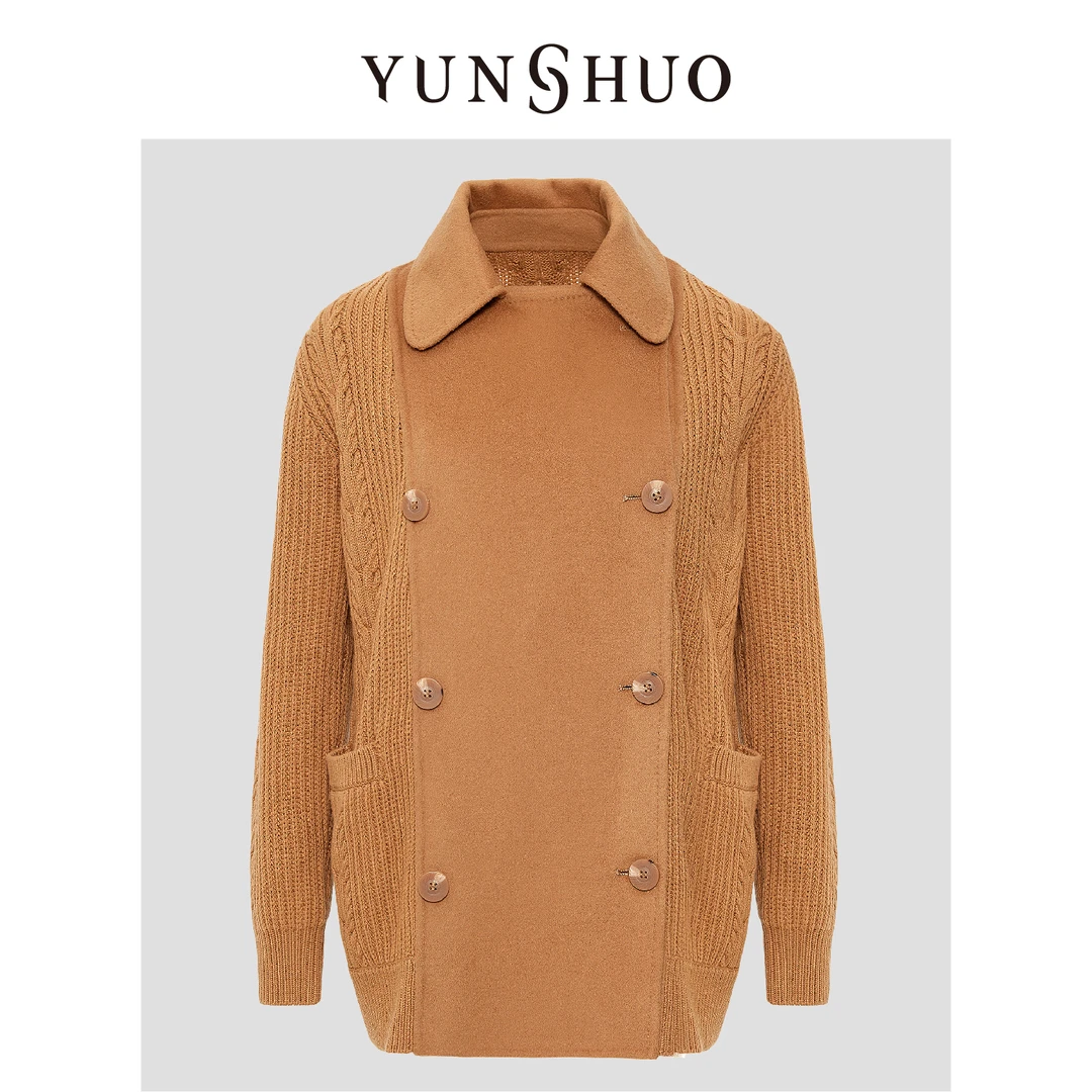 YUNSHUO允硕秋冬时尚拼接针织休闲宽松气质简约呢子大衣495010