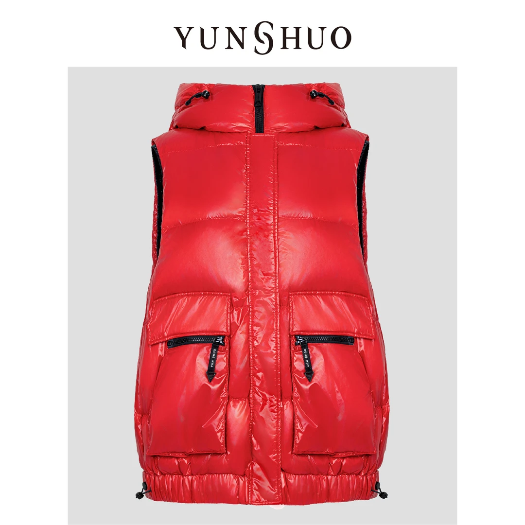 YUNSHUO允硕秋冬新款90白鸭绒羽绒马甲女拼色保暖连帽马夹626097