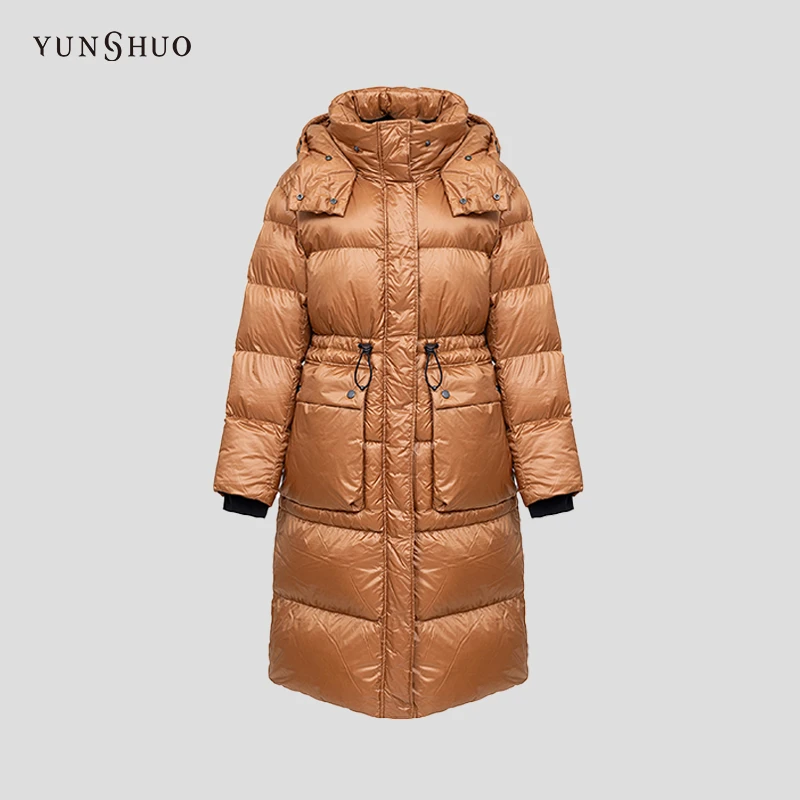 YUNSHUO羽绒服女中长款冬季新款腰部松紧连帽保暖羽绒衣816077