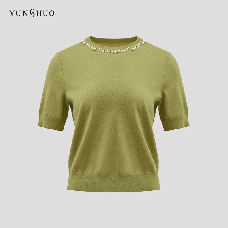YUNSHUO 短袖针织衫女2024春季新款时尚珍珠套头毛衫735178