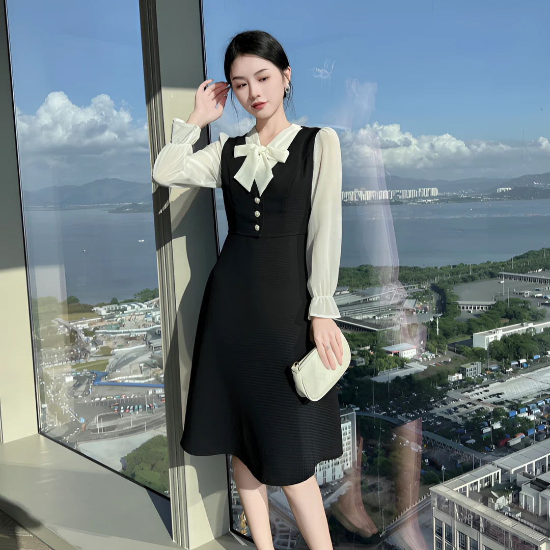 奢姿【初秋落日】大码女装胖妹妹显瘦遮肉气质拼接时尚雪纺连衣裙秋