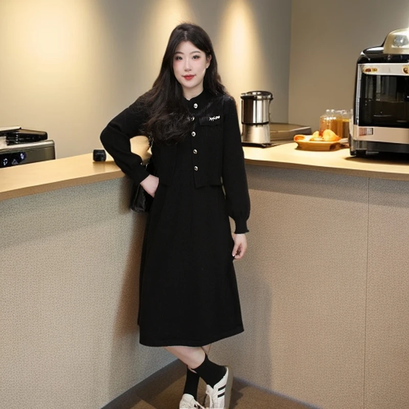 奢姿【假日印象】大码女装胖妹妹显瘦遮肉时尚气质假两件针织连衣裙