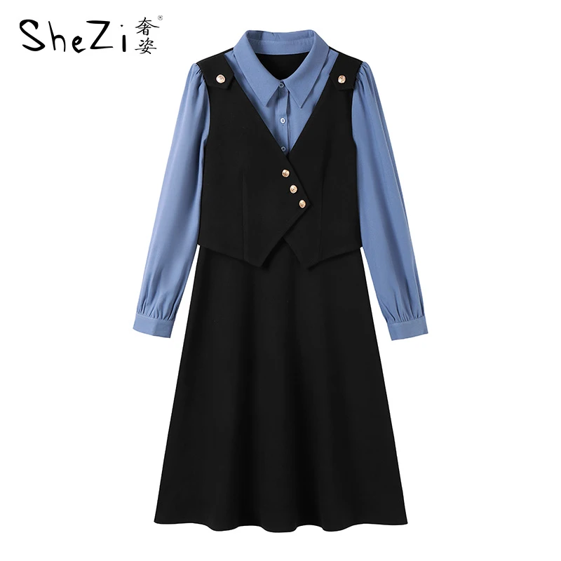 奢姿冬季新款大码女装时尚拼接裙子胖妹妹遮肉显瘦气质翻领连衣裙