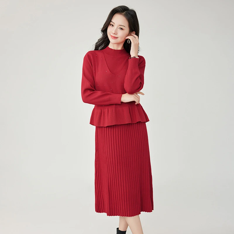 奢姿2024年冬装新款大码女装时尚圆领两件套胖妹妹针织时尚套装