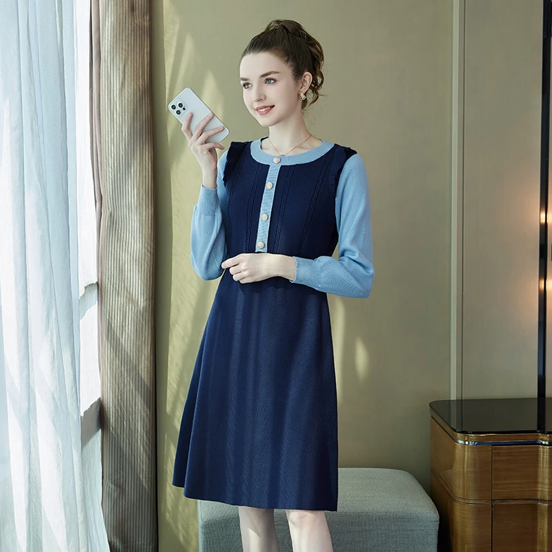 奢姿2024年冬季新款大码女装时尚拼接针织裙子胖妹妹简约连衣裙