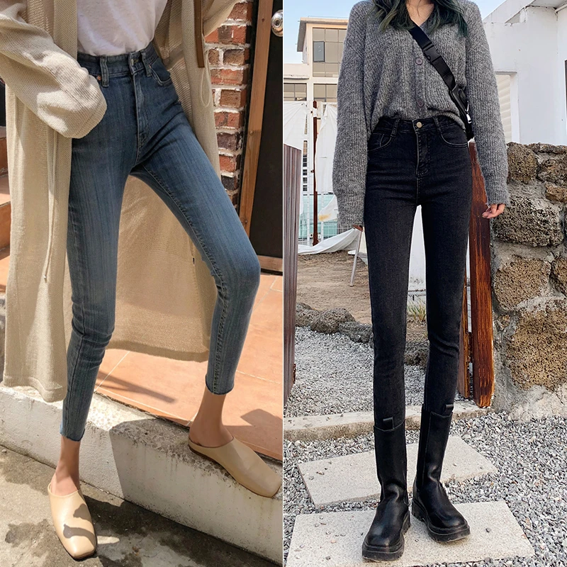 高腰牛仔裤女2024新款秋冬新塘修身显瘦紧身加绒铅笔九分小脚裤子