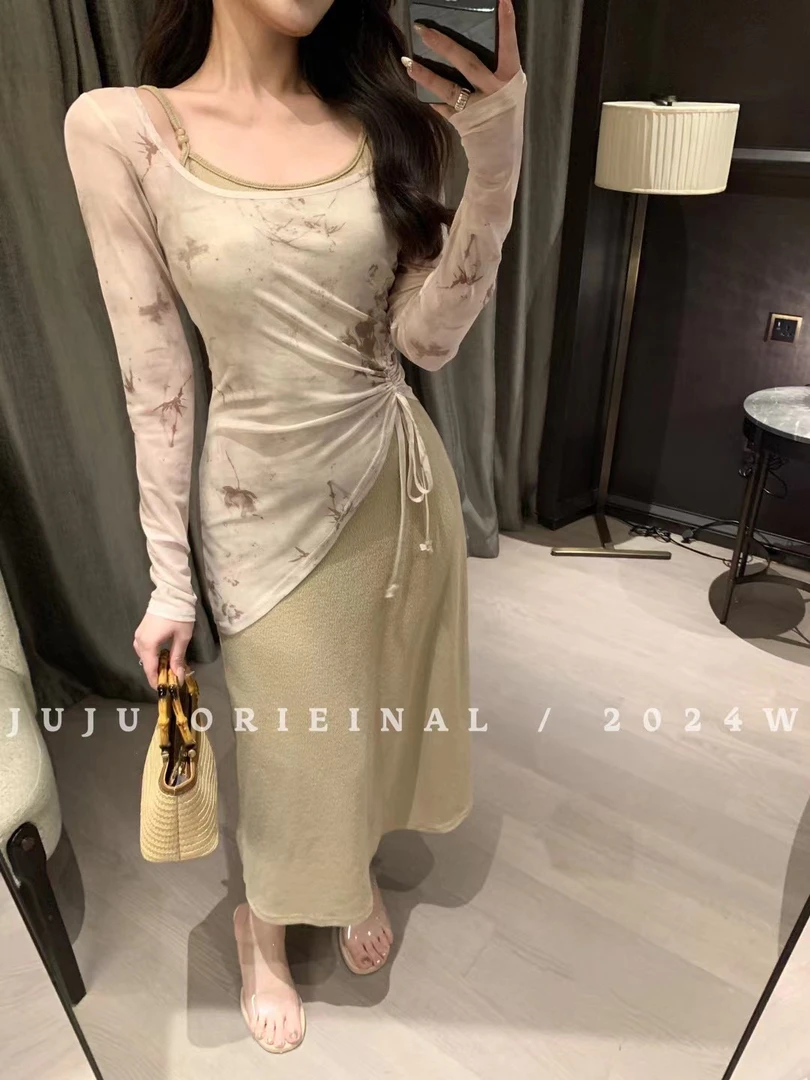 2025春夏修身显瘦抽绳不规则罩衫高个子连衣裙夏季吊带裙两件套