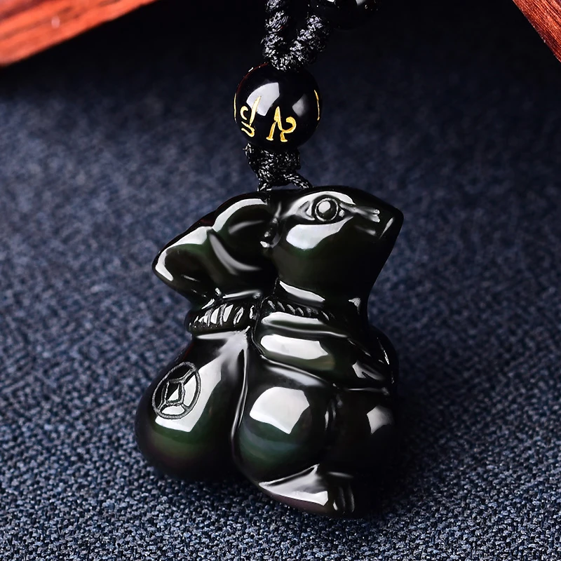 2025龙年天然黑曜石鼠吊坠吉祥物金曜石老鼠男女项链钥匙扣挂件饰