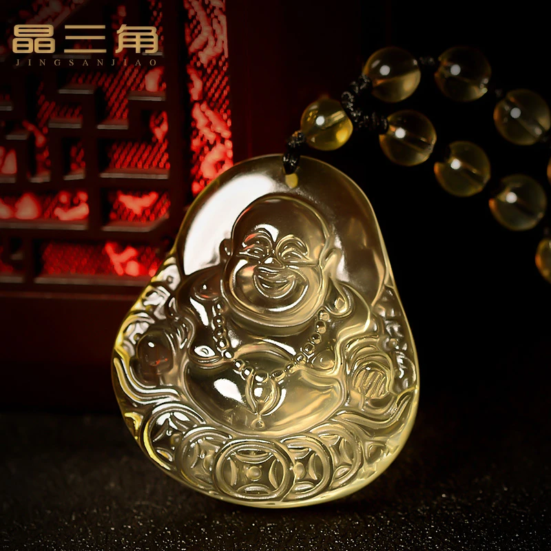 黄水晶五帝钱弥勒佛吊坠男款笑佛项链本命年情侣水晶女士挂件