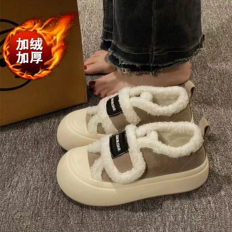 红蜻蜓牌松糕底魔术贴棉鞋女冬2023冬季新款一脚蹬乐福鞋面包鞋潮