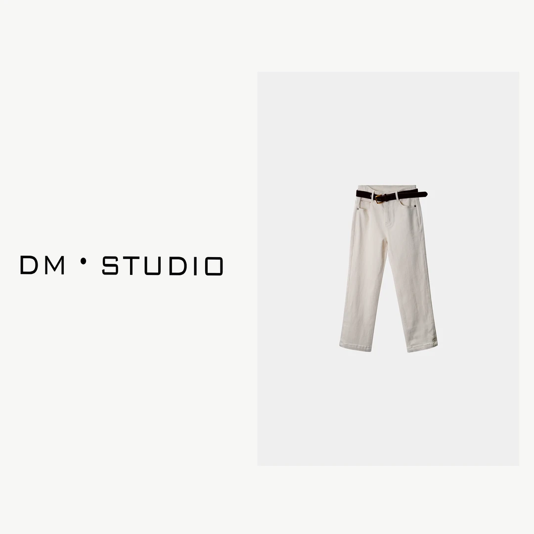 -DM•STUDIO/配腰带米白色简约显瘦九分烟管牛仔裤（N020）