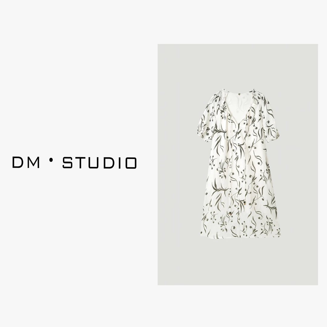 -DM•STUDIO/夏季气质宽松碎花系绳V型领短袖连衣裙（90210）