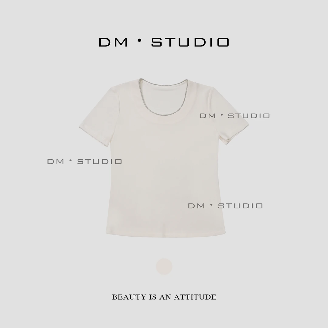 DEDM-DM•STUDIO/纯色弹力重工拼钻圆领醋酸短袖上衣（83045）
