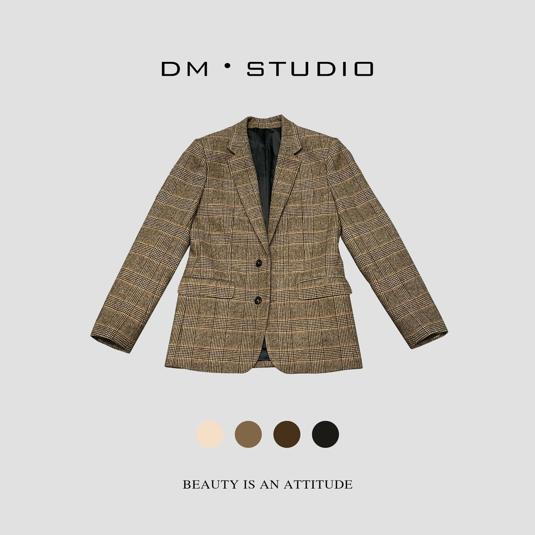 DM•STUDIO/高级感中古复古经典款格纹咖色绵羊毛西装外套（W1195）.