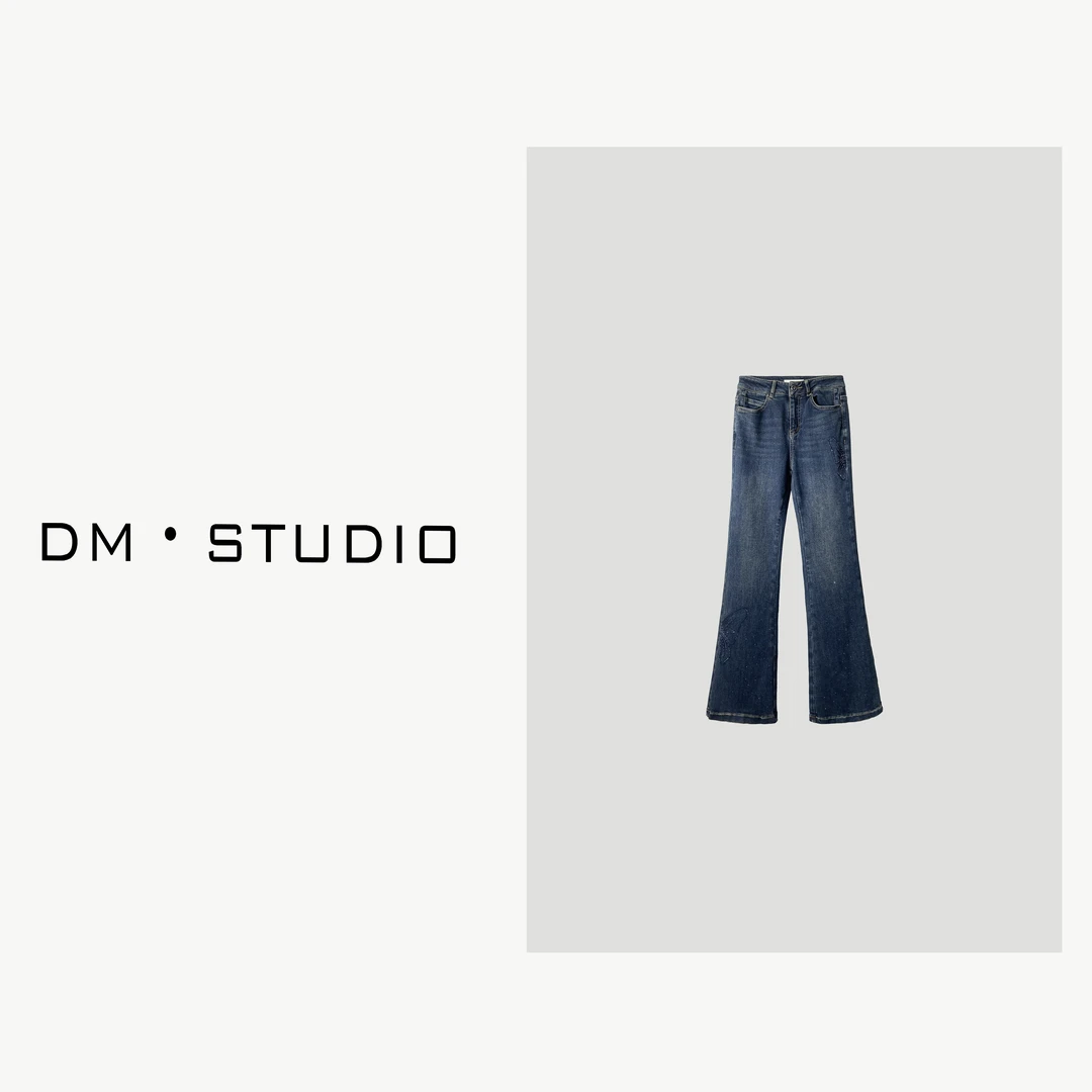 -DM•STUDIO/重工设计款蝴蝶满天星烫钻水洗微喇牛仔裤（98009）