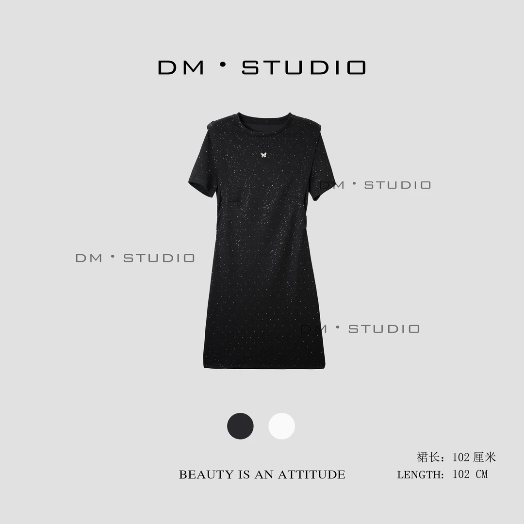 DM•STUDIO/细闪高级感立体蝴蝶装饰短袖连衣裙（FGSL8324）