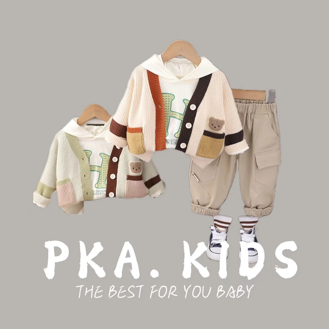 SJBB-定标熊长袖毛衣三件套2024新款男童春秋绅士洋气男宝宝套装