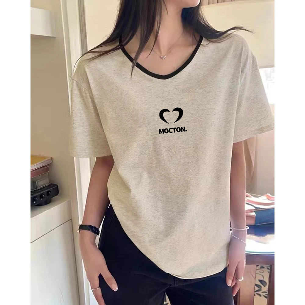 撞色V领95棉短袖T恤女2025夏季新款高级感内搭宽松减龄色领上衣潮