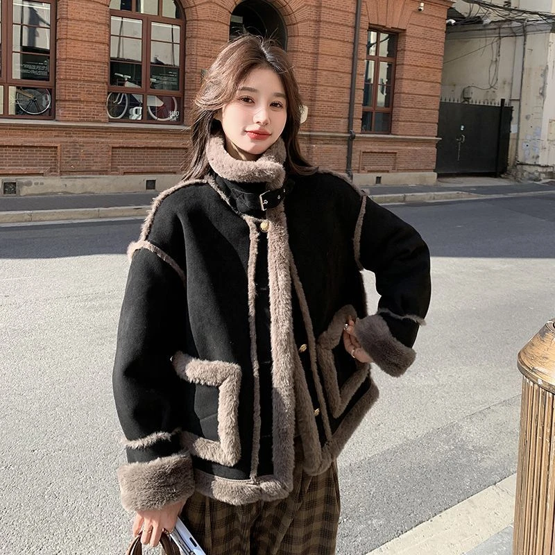 0827冬季新款时尚加厚设计感棉服潮黑色短款皮毛一体加绒外套女