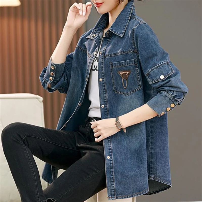 高端欧货牛仔衬衫女春秋洋气质别致显瘦上衣2025新款大码宽松外套