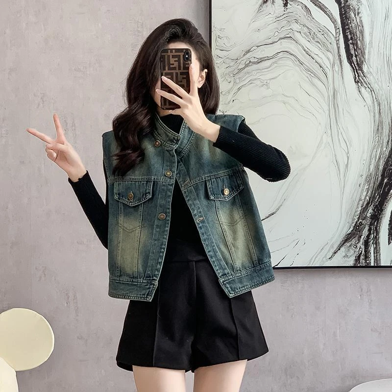 2025无袖坎肩背心马夹外套立领上衣潮外搭秋季新款短款牛仔马甲女