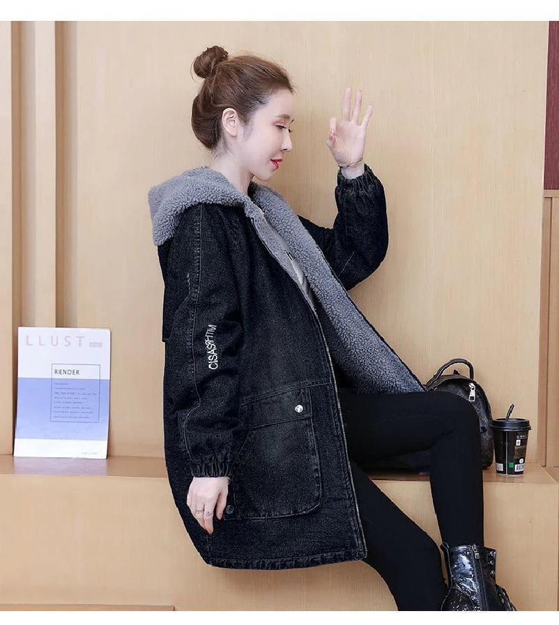 2025秋冬大码洋气牛仔棉衣韩版宽松加绒加厚连帽中长款冬季棉袄
