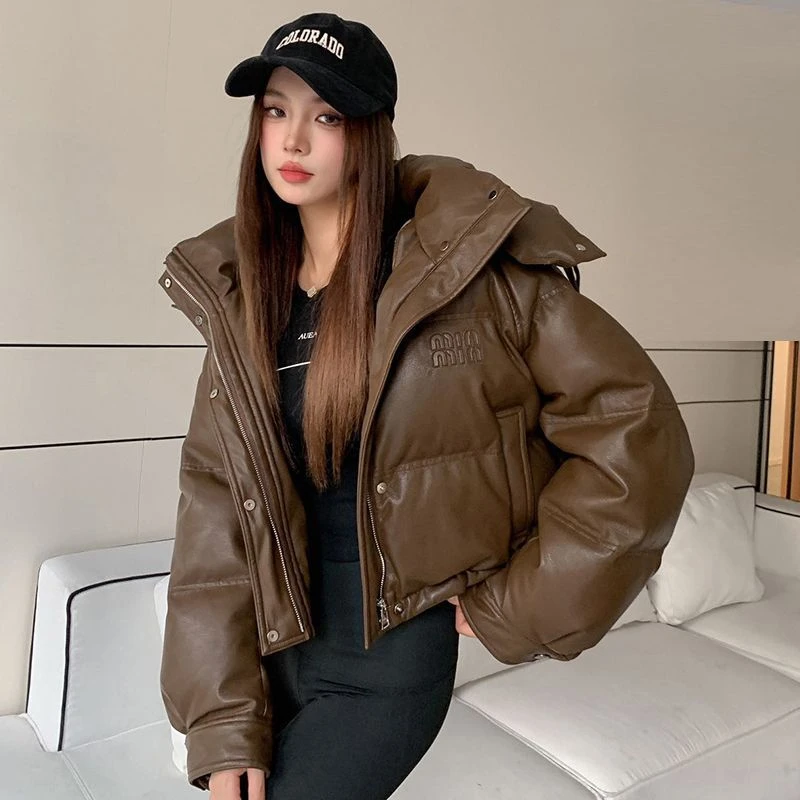 PU蛋白皮免洗面料面包服时尚加厚连帽外套洋气百搭保暖时尚网红