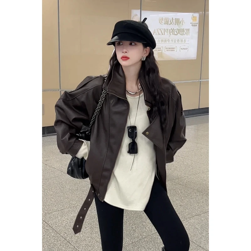 【表妹】秋冬季显瘦百搭复古皮衣网红时尚气质夹棉PU外套休闲黑色
