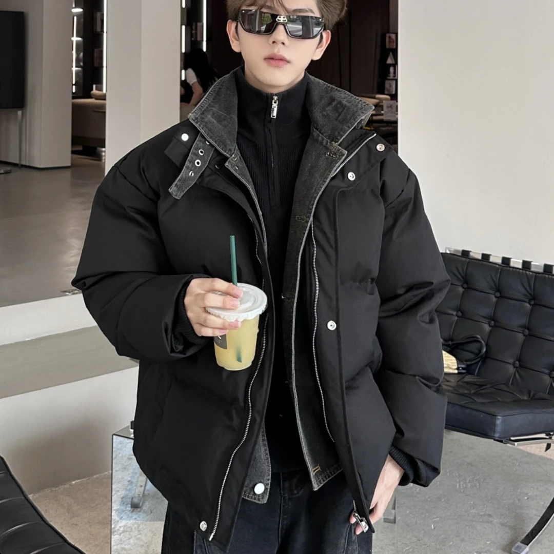 牛仔拼接加厚棉服男款冬季假两件棉衣韩版潮流宽松面包服痞帅外套