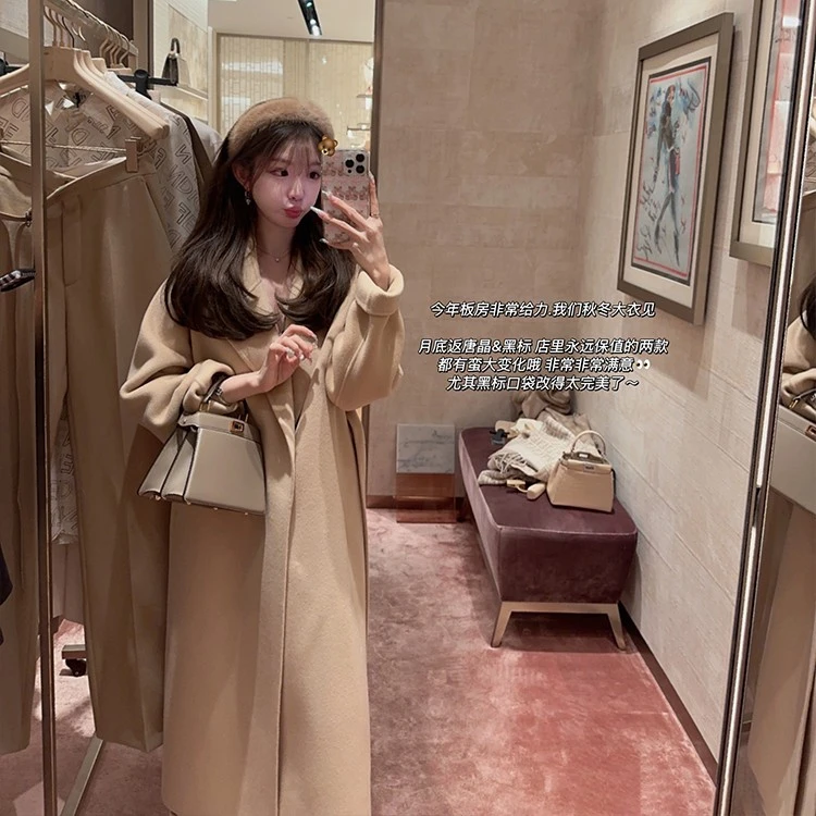金蘑菇菇 新版五代黑标大衣/110支美丽奴宽松休闲长款双面呢大衣
