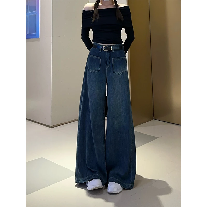 复古港风高腰阔腿牛仔裤女2024秋季新款小个子显瘦垂感宽松拖地裤