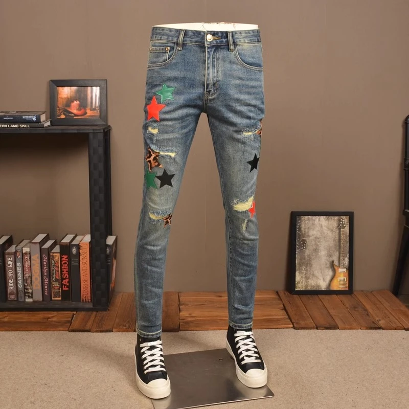 WITI秋冬款潮流复古做旧牛仔裤潮牌弹力修身小脚贴布绣补丁休闲男