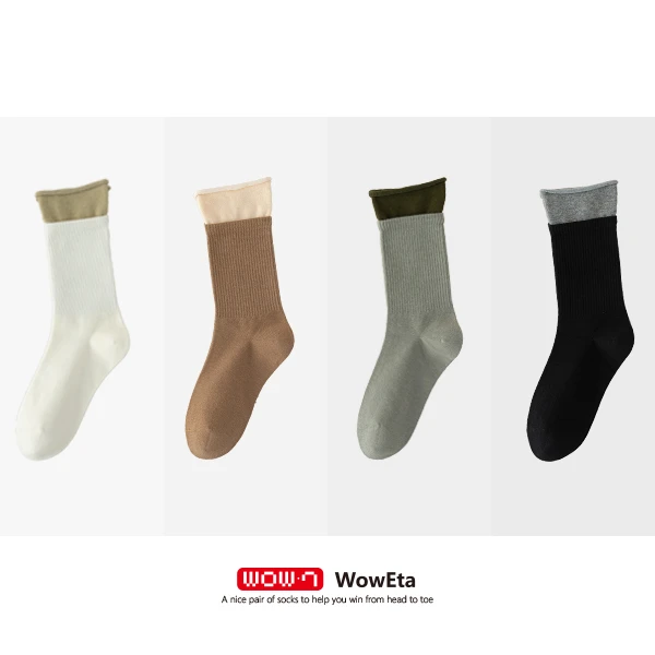 WowEta 舒适潮袜 棉袜 纯色卷边双罗口 中筒女袜 四双装