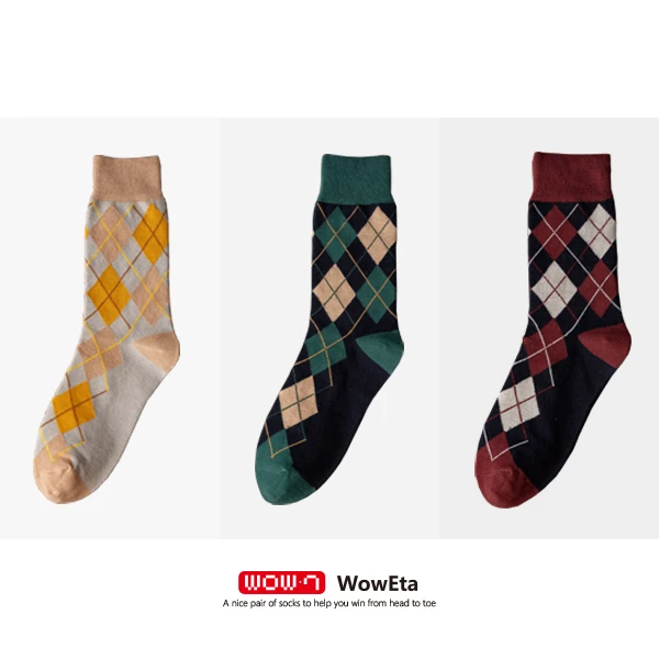 WowEta 舒适潮袜 精梳棉 苏格兰方块 中筒女袜 三双装