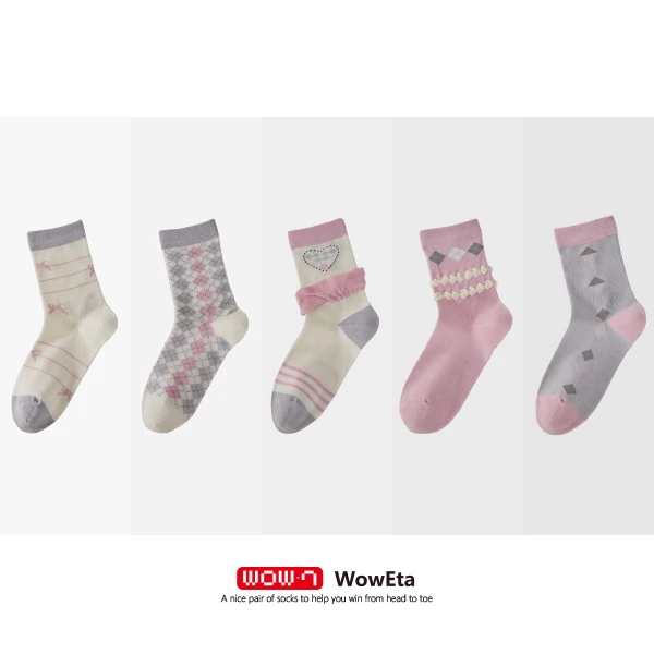 WowEta 舒适潮袜 棉袜 混合花纹立体小花边 中筒女袜 五双装