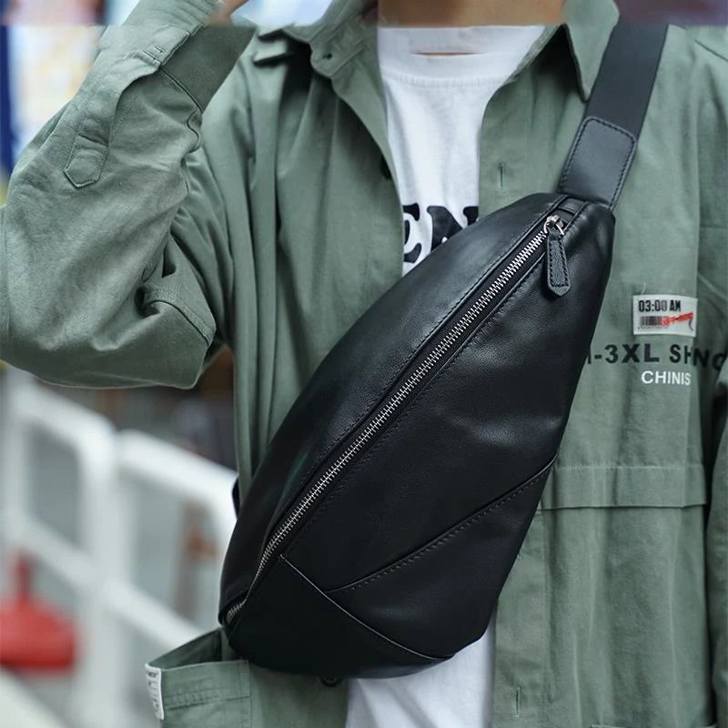 2023新款男士真皮胸包斜挎包单肩包休闲头层牛皮手工腰包潮男包包