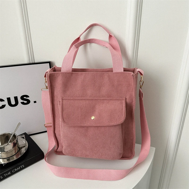 复古灯芯绒新款文艺简约大容量学生手拎袋日系工装斜挎单肩手提包