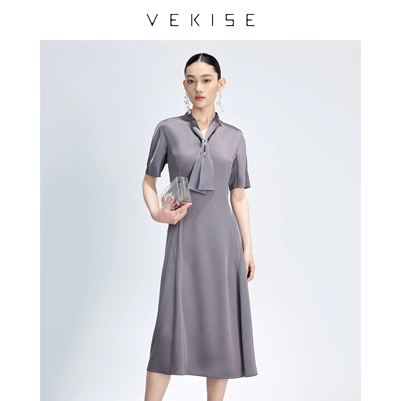 【春夏新品】法式简约设计醋酸缎面系带高级感短袖V领纯色连衣裙