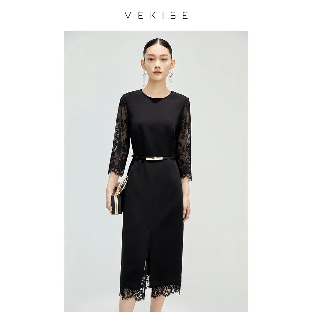 VEKISE三醋酸黑色圆领连衣裙2023春季新款法式蕾丝镂空设计感裙子