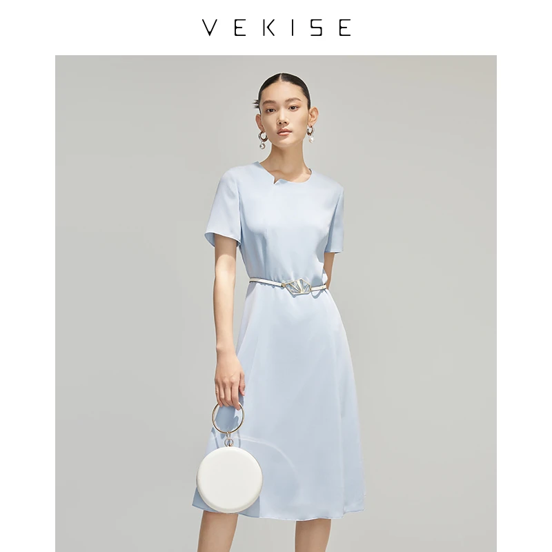 进口三醋酸混纺圆领连衣裙夏季新款简约设计气质显瘦收腰中长裙子