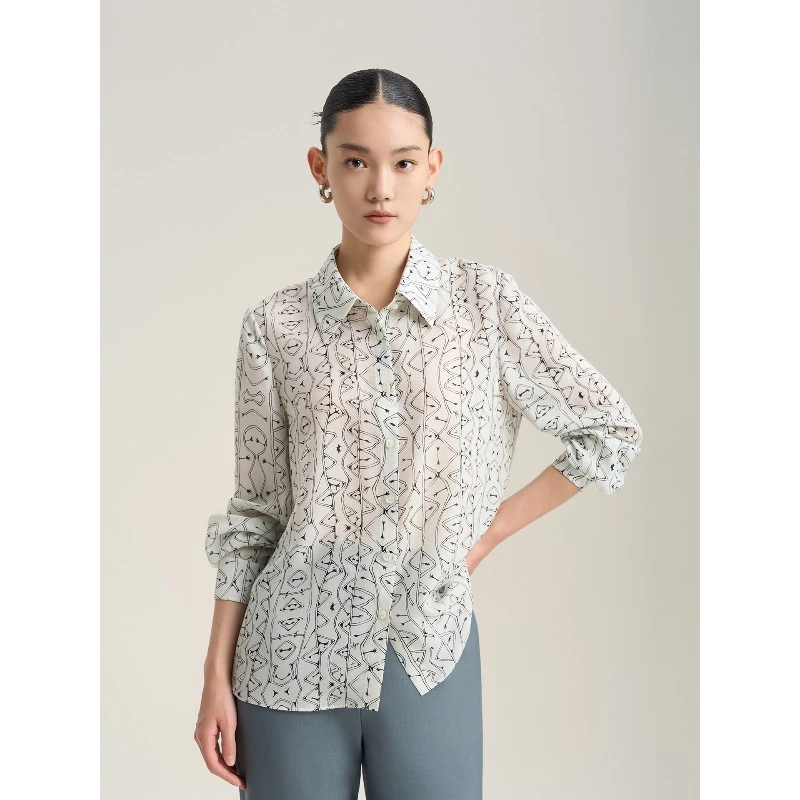 复古洋气12姆米真丝印花衬衫女夏轻薄透气通勤100%桑蚕丝直身衬衣