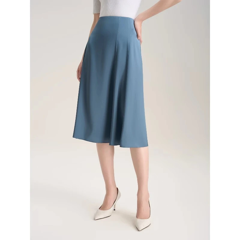 蓝色三醋酸半身裙女夏季新款抗皱垂感高端气质遮肚显瘦高腰a字裙