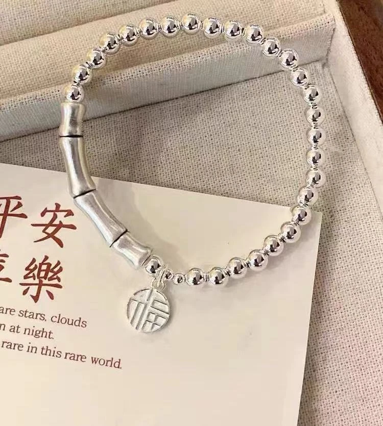 足银手链 446女生新款百福竹节古风足银手串圆珠手工单圈小众手链