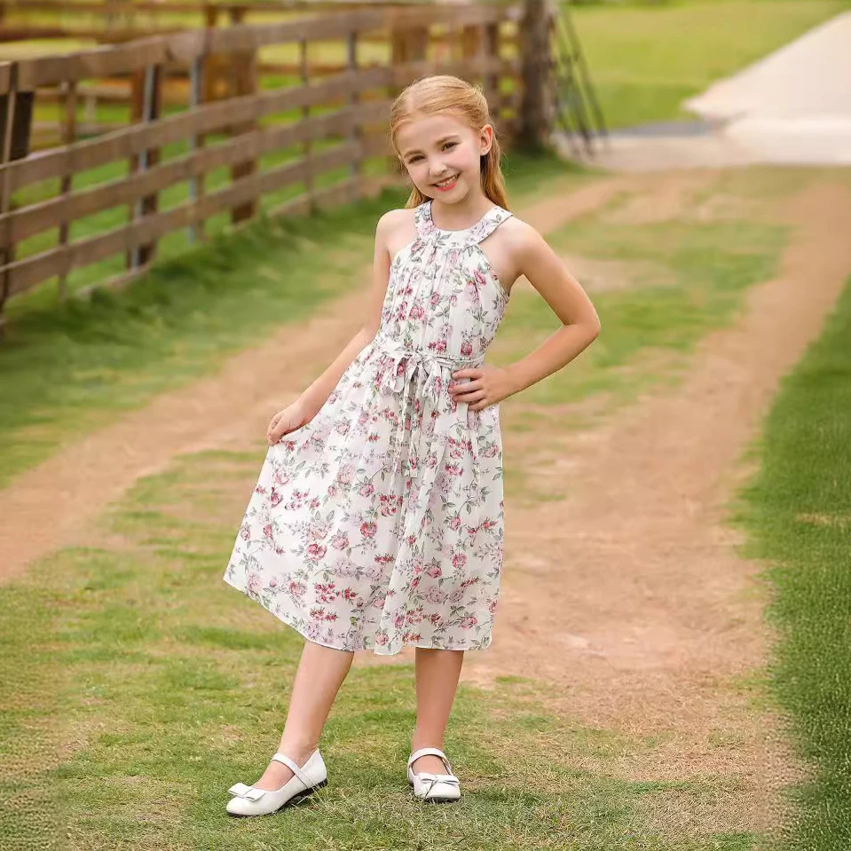 女童公主裙儿童碎花连衣裙女孩洋气挂脖裙子夏装无袖仙女裙子