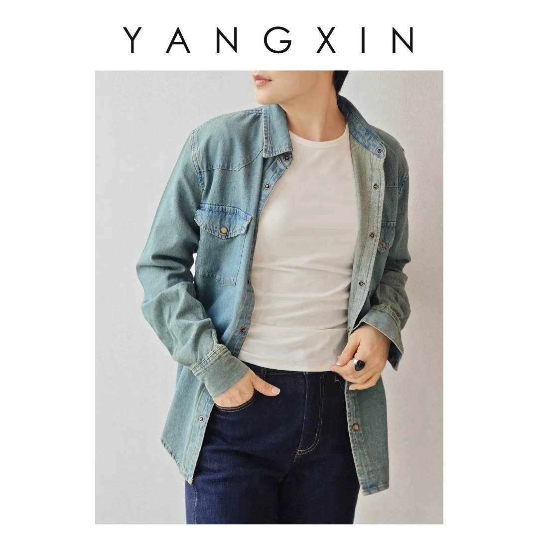 【无龄·杨昕】复古蓝翻领休闲宽松长袖牛仔衬衫